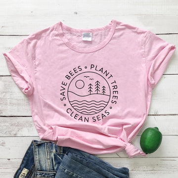 Save Bees Plant Trees Clean Seas Printed Women's T-Shirt