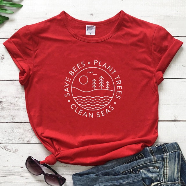 Save Bees Plant Trees Clean Seas Printed Women's T-Shirt