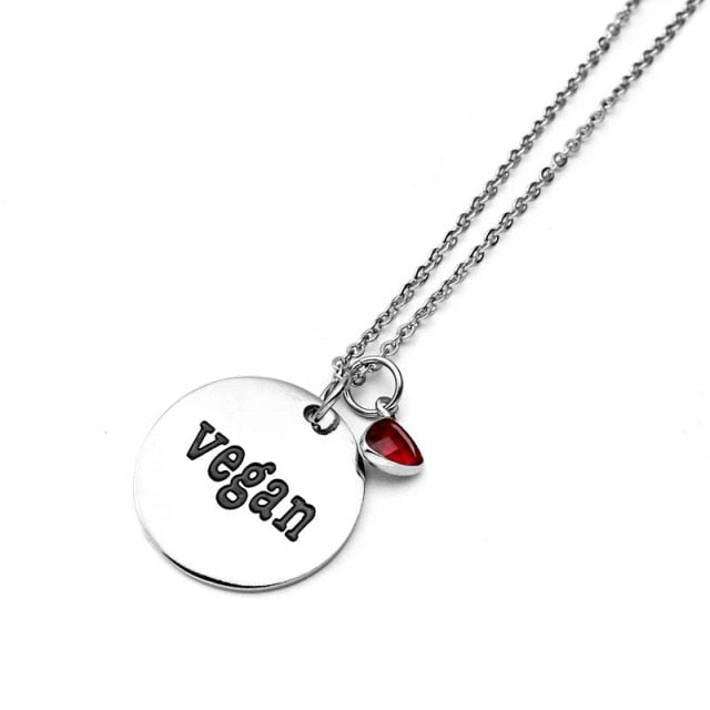 Vegan Engraved Stainless Steel Crystal Pendant Necklace