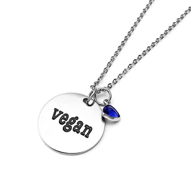 Vegan Engraved Stainless Steel Crystal Pendant Necklace